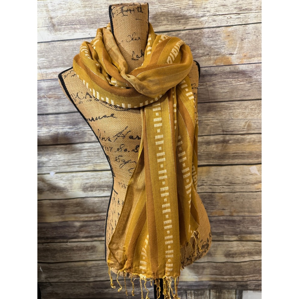 Mustard Yellow Geometric Print Scarf Metallic Gold Accents Fringe Wrap Shawl